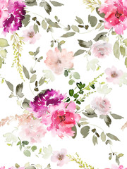 Seamless summer pattern with watercolor flowers handmade.