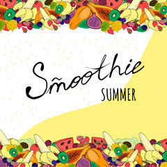 Fototapeta premium Bar card, summer cafe, menu, colorful, juicy, fruit decoration, cartoon.