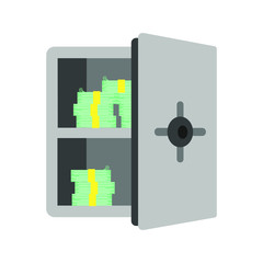 Gray metal bank safe vector illustration icon sign flat style design illustration. Opened safe full of money isolated on white background.