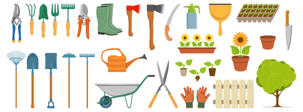 set of different gardening tools, spring garden items, various tools for gardening, garden elements, vector graphic to design