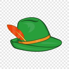 Green hat with a feather icon in cartoon style on a background for any web design 