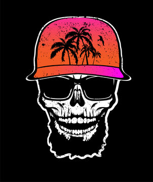 Skull with beard in orange cap and sunglasses. T-shirt print, design for youth, teenagers.