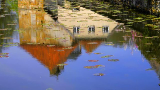 Beautiful pond with flowers  reflects an old house