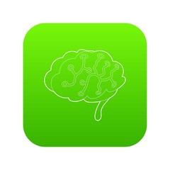 Sensors on human brain icon green vector isolated on white background