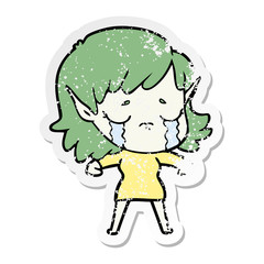 distressed sticker of a cartoon crying elf girl