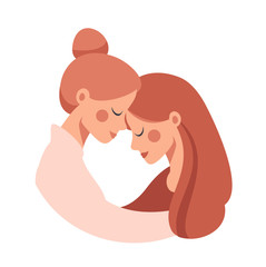 Beautiful senior mother embracing her adult cute daughter with love. Vector concept isolated from white for the Mother's Day