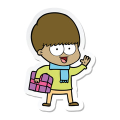 Fototapeta na wymiar sticker of a happy cartoon boy with present