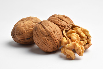 Walnuts on white background