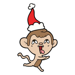crazy line drawing of a monkey running wearing santa hat