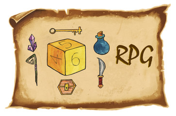 Illustration. Letters "RPG",  hexagonal dice for board, dnd, or tabletop games, crystals, bottle with magic potion, chest, knife, and key painted on an old brown worn paper. Items from fantasy games