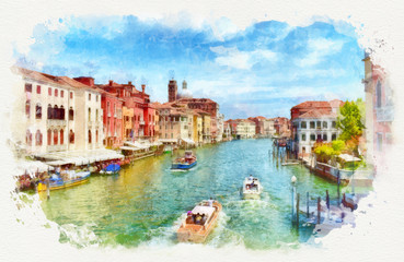 Fototapeta na wymiar Venetian Grand Canal with boats, watercolor painting