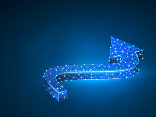 Arrow moving forward wireframe digital 3d illustration. Low poly Business visionary, challenge, goal concept with lines, dots and starry sky on blue background. Raster polygonal road guide neon RGB