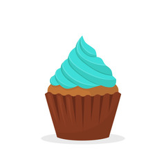 Chocolate muffin with blue cream. Sweet food, cupcake with frosting flat vector icon