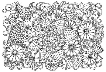Vector black and white colorin page for colouring book. Leafs and flowers  in monocrome colors. Doodles pattern