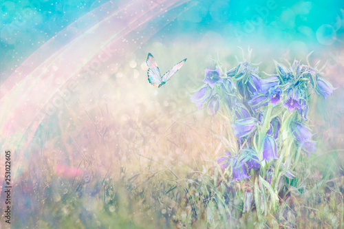 Beautiful Blue Flowers Bell And Butterfly In Spring Nature