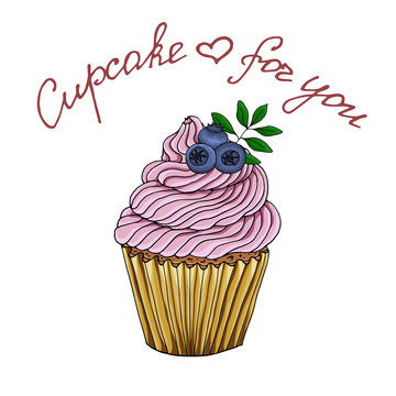 Illustration of a cupcake decorate with pink cream and blueberries, isolated on a white background. EPS 10 vector.