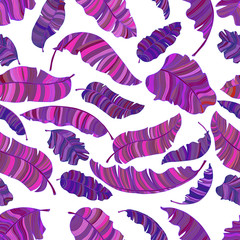 Fototapeta na wymiar A seamless pattern of exotic, vibrant purple leaves of a banana. Decorative image with colorful purple tropical foliage. Vector illustration EPS 8.