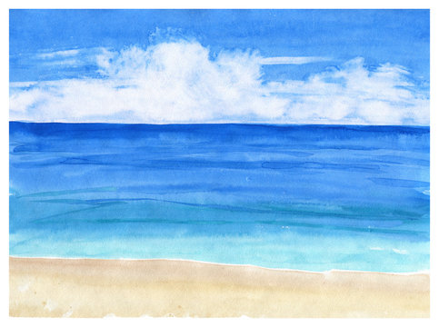 Watercolor seascape background. Sea view with sand beach