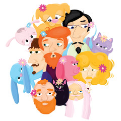 friendship of bearded guys with their animals, cats and dogs