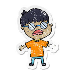 distressed sticker of a cartoon boy wearing spectacles