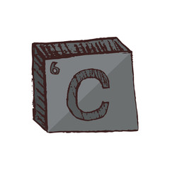 Vector three-dimensional hand drawn gray chemical symbol of carbon with an abbreviation C from the periodic table of the elements isolated on a white background.