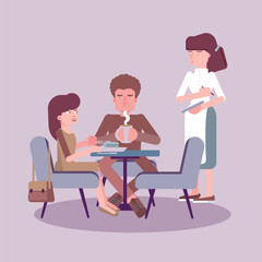 Fototapeta premium Waitress serving table flat color illustration