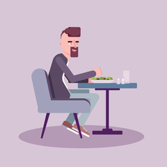 Man have lunch in cafe flat vector illustration