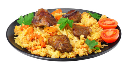 pilaf with meat on black plate isolated on white background