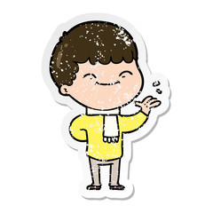 distressed sticker of a cartoon happy boy