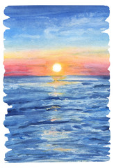 Watercolor painting the background of sea sunset view with jagged edges and brush marks.