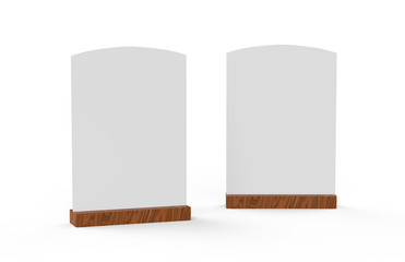 Wooden table talker mock up template on isolated white background, wooden chalkboard table talker are used for Menu Bar and restaurant, 3d illustration