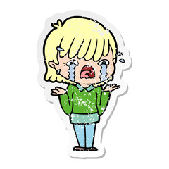 distressed sticker of a cartoon girl crying