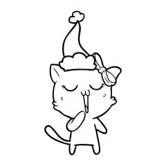 line drawing of a cat wearing santa hat