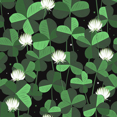 Vector floral seamless pattern with clover leaves and flowers. Saint Patricks day background with shamrock. Design with clover leaves for decor card, web site, wrapping, textile