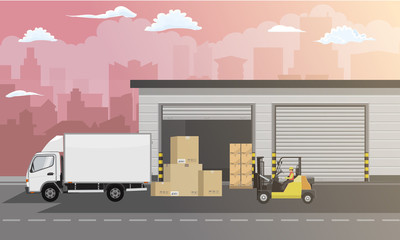 Warehouse building facade, truck and Forklift truck on cityscape background. Vector illustration.