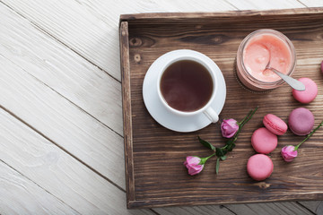 breakfast with coffee  on wooden tray
