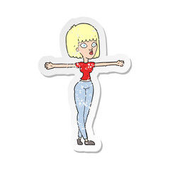 retro distressed sticker of a cartoon woman spreading arms