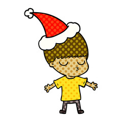 comic book style illustration of a calm boy wearing santa hat
