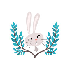 Cute White Easter Bunny and Green Spring Twigs Vector Illustration