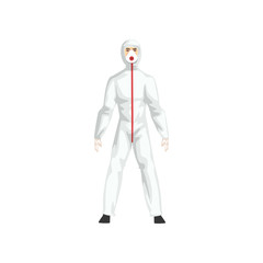 Fototapeta na wymiar Man in White Protective Suit and and Gas Mask, Chemical or Biohazard Professional Safety Uniform Vector Illustration