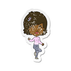 retro distressed sticker of a cartoon pretty woman dancing