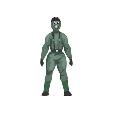 Man in Protective Suit and Gas Mask, Military Professional Safety Uniform Vector Illustration