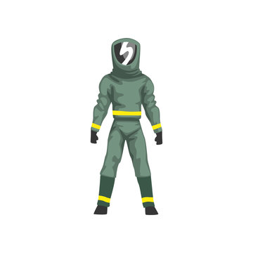 Man in Protective Suit and Helmet with Mask, Military Professional Safety Uniform Vector Illustration