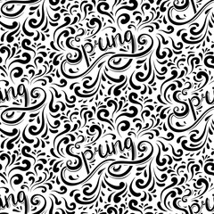 Seamless black and white pattern with spring lettering, decorations and curls. Vector texture