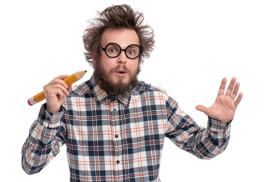 Crazy bearded Man in plaid shirt with funny Haircut in eye Glasses holding Big Pencil and writing or painting something, isolated on white background.