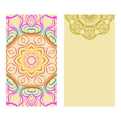 Ethnic Mandala Ornament. Templates With Mandalas. Vector Illustration For Congratulation Or Invitation. The Front And Rear Side. Rainbow, yellow color