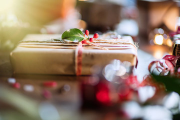 Naklejka na ściany i meble Christmas time. close-up of ribbon gifts and decorations