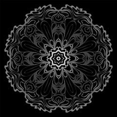 Decorative Elements With Mandala Ornament. Ornamental Floral, Oriental Pattern. Vector Illustration. Indian, Moroccan, Mystic, Ottoman Motifs. Anti-Stress Therapy Pattern. Black, silver color