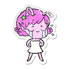 distressed sticker of a cartoon crying alien girl