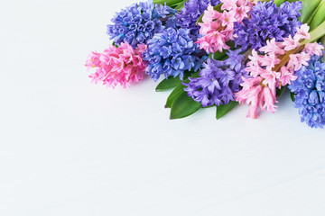 Hyacinth flowers bouquet on white background. Top view, copy space.